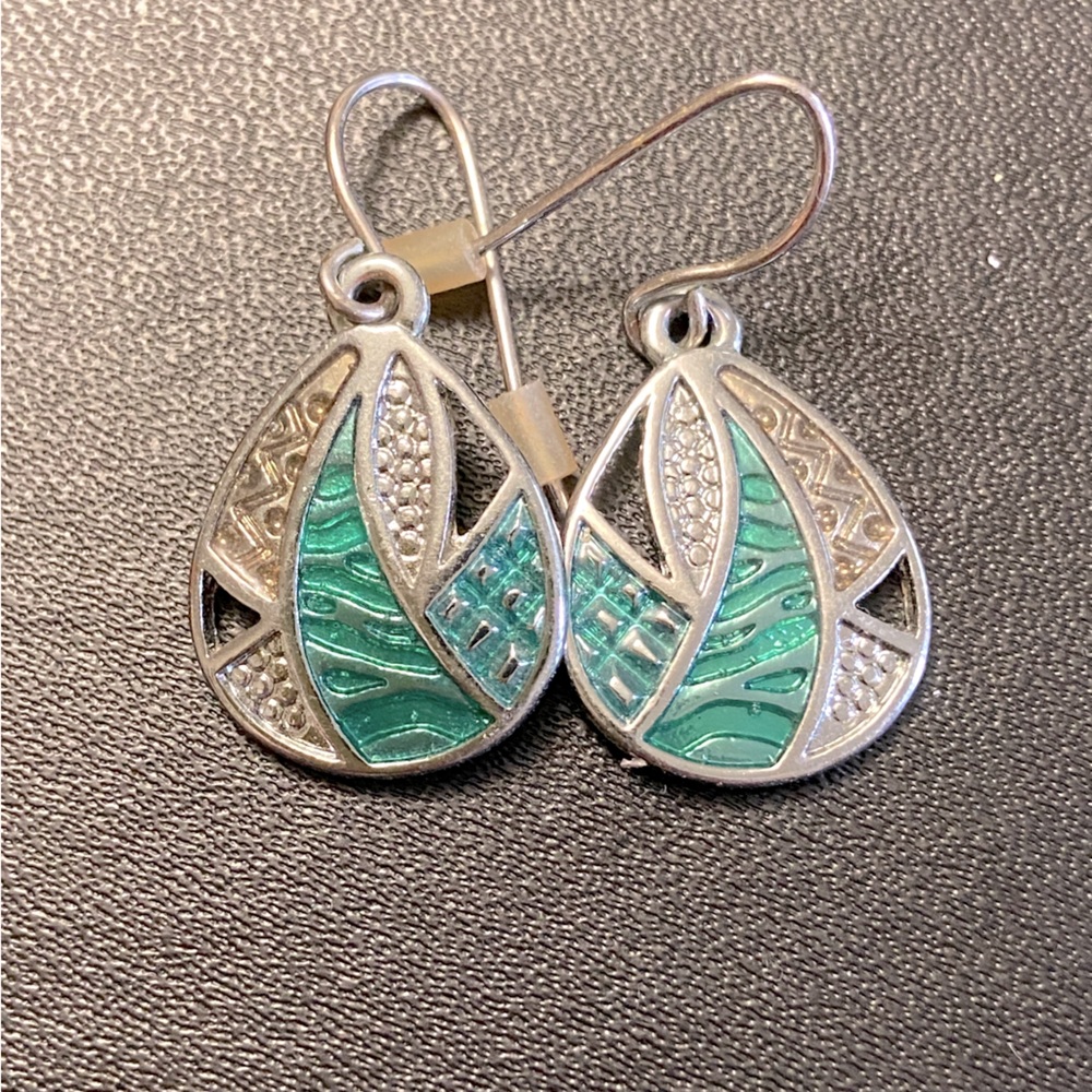 Silver earrings with green accents